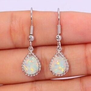 New! Synthetic Opal Teardrop Fashion Silver Plated Earrings